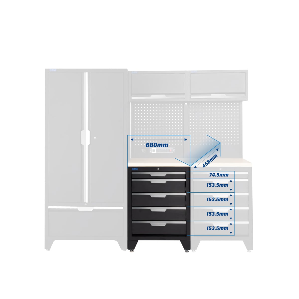 SGS 7pc Modular Garage Storage | 10 Drawers | Plywood Worktop | 2x Upper Cabinets | Tall Double Cabinet with Drawer | Pegboard with Power Strip